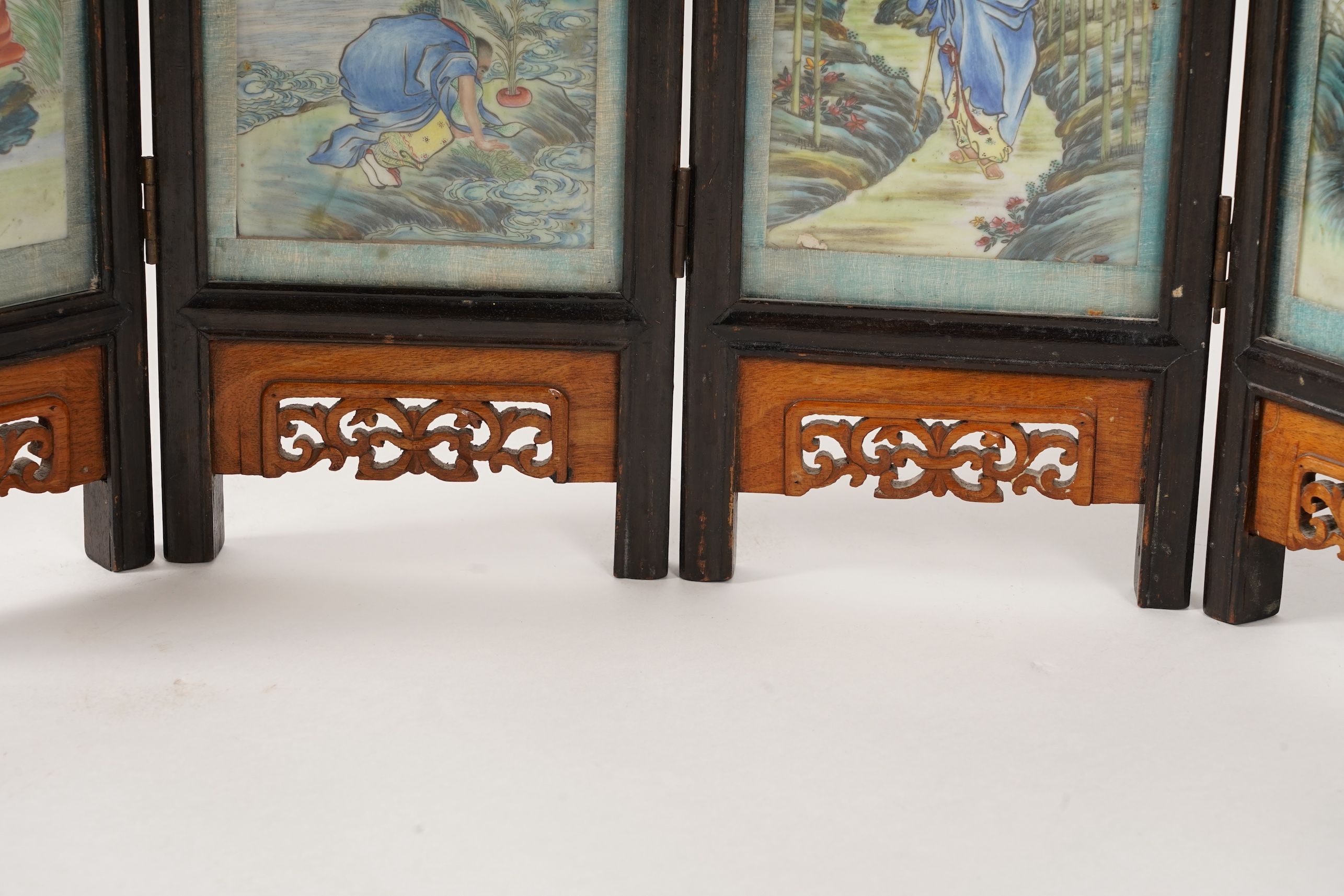 A Chinese porcelain plaque inset four fold table screen, Republic period
